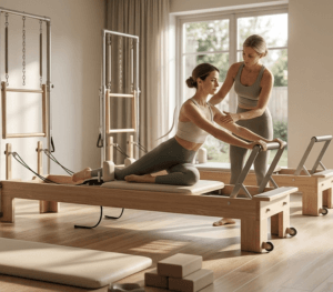 Coach qui montre les positions de pilates reformer