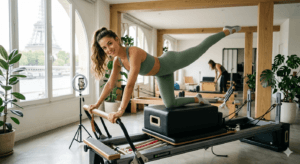 Influenceuse qui fait du Pilates vu tour Eiffel