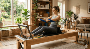 Femme chez elle qui fait du Pilates reformer