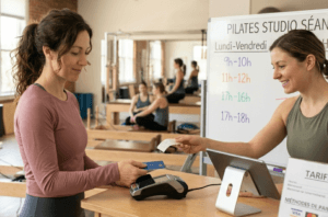 Femme qui paye a son salon de Pilate reformer