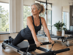 Femme sénior ménoposée qui fait du pilates reformer