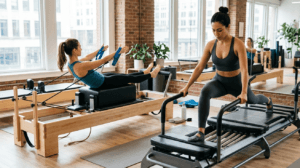 Femme qui fait du Pilates reformer et du lagree