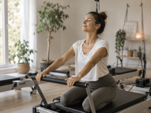 femme déstressée en faisant du Pilates reformer